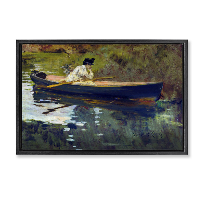«Thoughtful Woman on Canoe Floater» par CAD Designs, H 21 po x l 31 po, Cadre flottant noir de jais