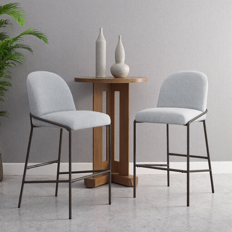 Set of 2 Gray Fabric Bar Stools with Antique Bronze Metal Frame for Modern Dining, Gray