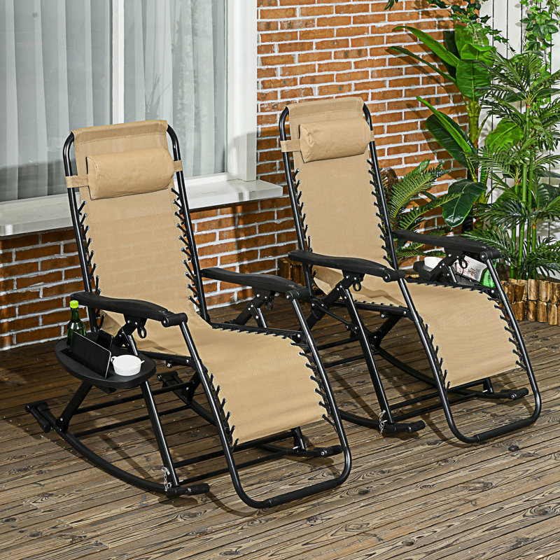 2 Pieces Outdoor Rocking Chairs, Foldable Reclining Zero Gravity Lounge Rocker With Pillow, Beige
