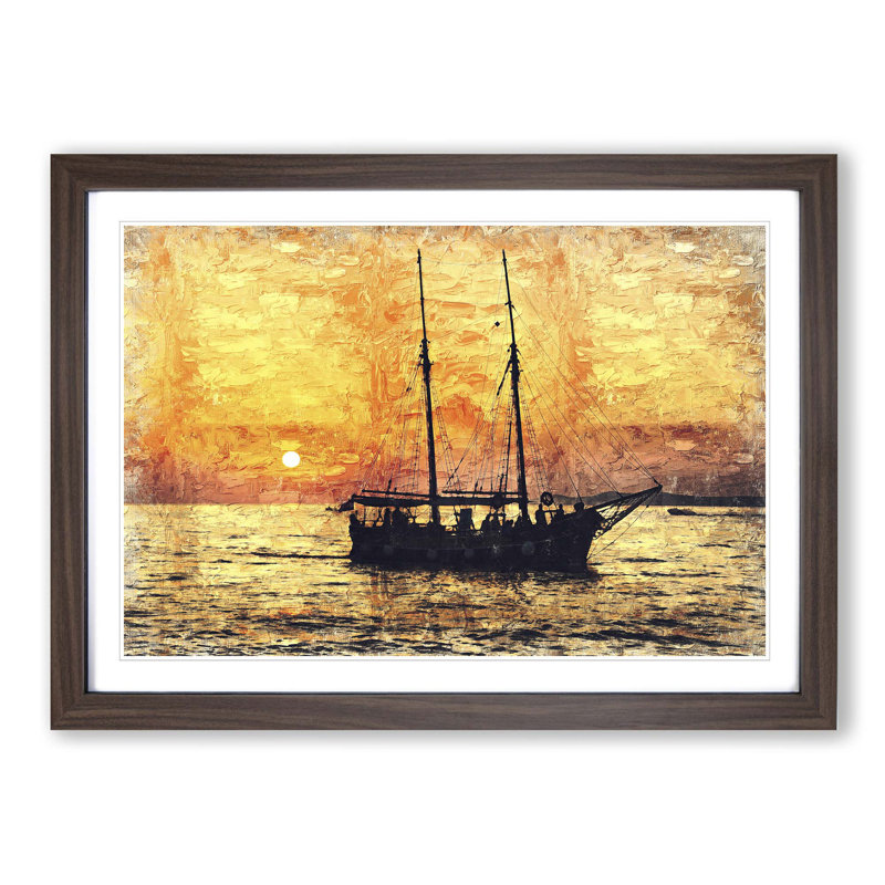 Ship at Sunset in Abstract - Picture Frame Painting Print, 35cm H x 50cm W x 2cm D, Walnut