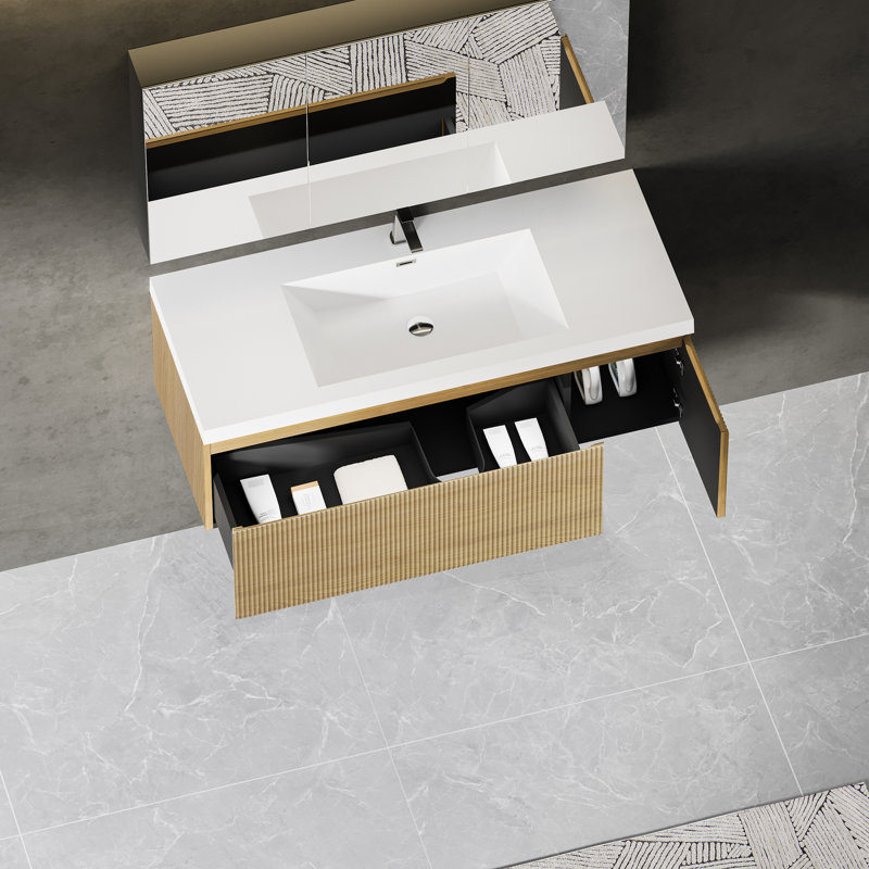 Meuble-lavabo mural de 48 po avec tiroir à fermeture en douceur, lavabo à surface solide blanc brillant, chêne naturel et lavabo flottant à aspect ondulé texturé, finition, tiroirs, bassin moderne