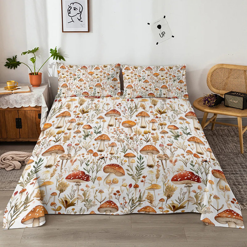 Ensemble de literie 4 pièces à imprimé champignon forêt - Drap-housse et taies d'oreiller doux et profonds pour toutes les saisons