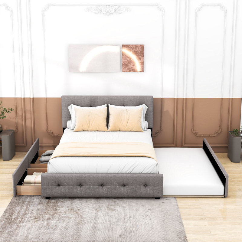 Filicity Queen Size Upholstered Platform Bed with 2 Drawers and Twin XL Trundle, Light Gray