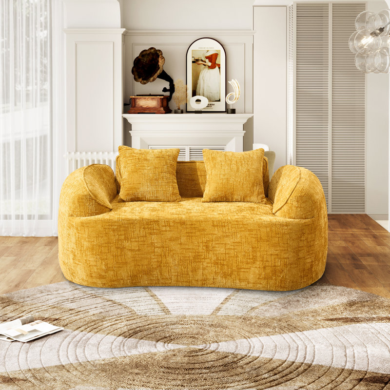 Boneless 2-seater Curved Compressed Sofa, Upholstered Loveseat, Yellow