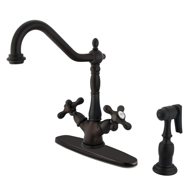 Kingston Brass Heritage Two-Handle 2-or-4 Hole Deck Mount Kitchen Faucet with Brass Sprayer, Oil Rubbed Bronze