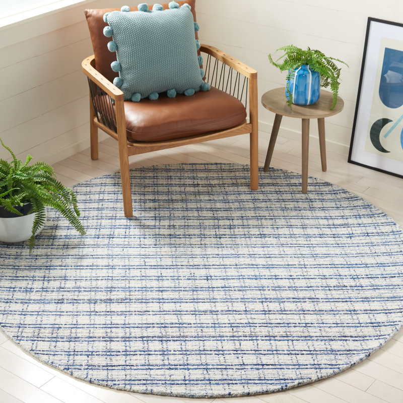 Tapis bleu / ivoire en laine / coton touffeté à la main à motif abstrait Nakara, Rond 6 pi