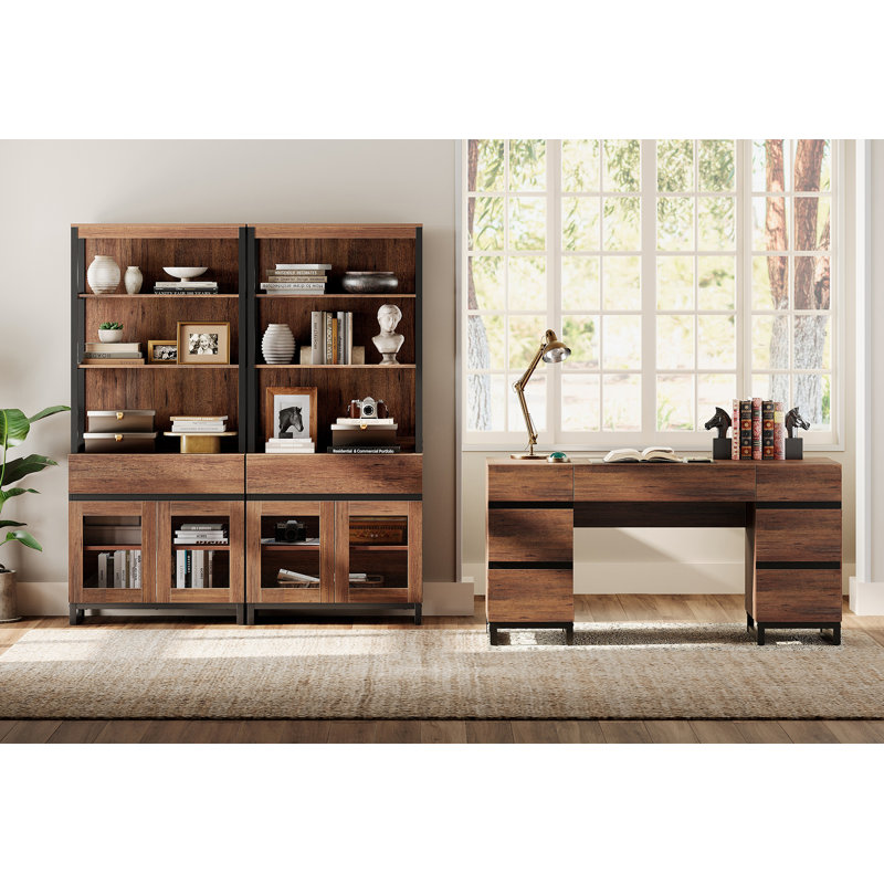  Home Office Furniture Set: 59In Modern Executive Desk With Charging Station & Drawers And Two 72In Tall Bookcases With Storage Cabinet, Home Office Furniture For Living Room