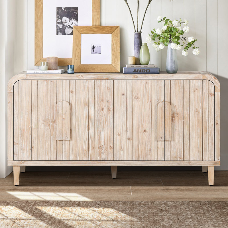 59'' Farmhouse Curved Vintage Storage Sideboard With Large Wooden Handles, Vertical Wood Grain Carving And Adjustable Shelves For Kitchen,Dining Room (Natural Wood Washed)