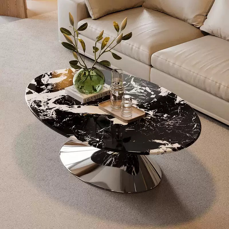 Grous 51” Marble Oval Shape  Modern Coffee Table For Living Room, Silver