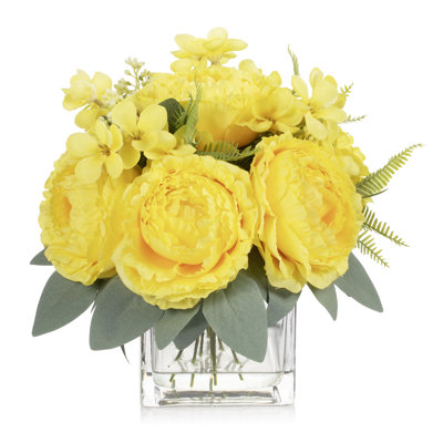 Artificial Peony Flower Arrangement In Vase With Faux Water (yellow)