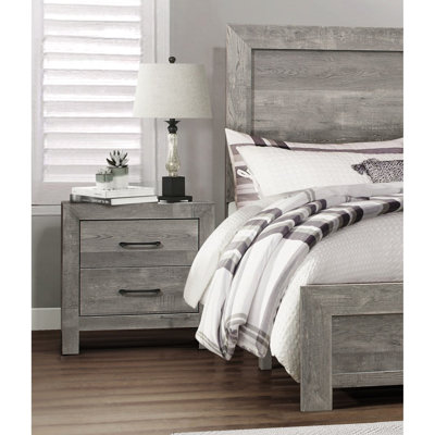 Table de chevet de chambre rustique grise, unité à 2 tiroirs, poignées en nickel noir pour le rangement, style transitionnel