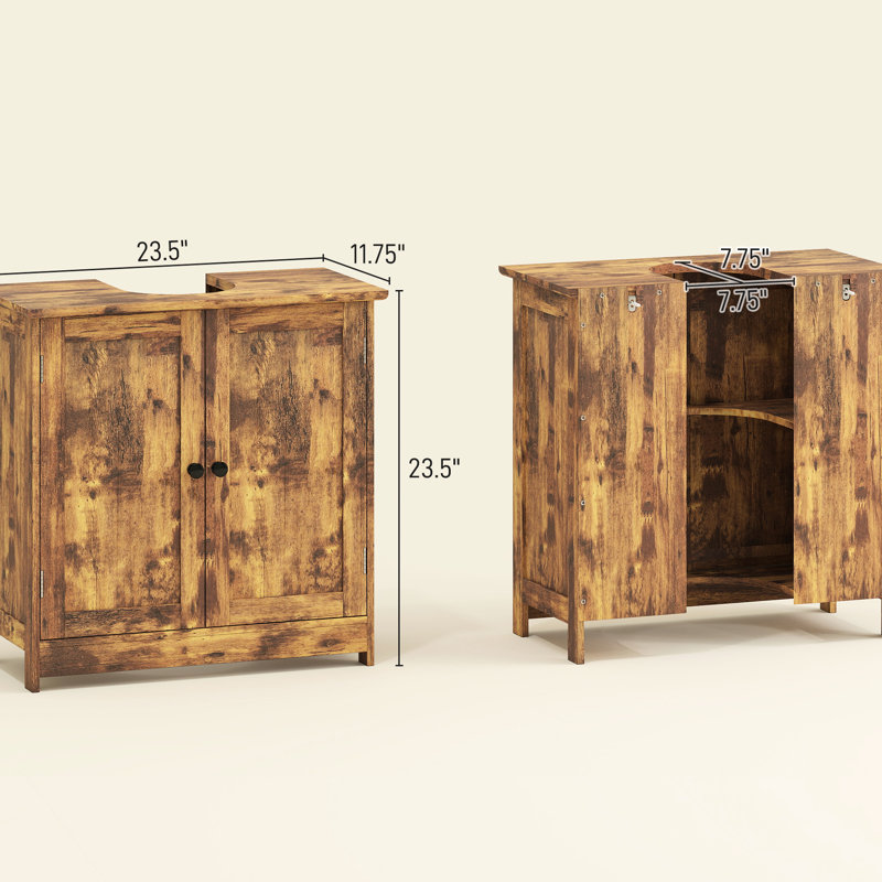 Meuble-lavabo rustique brun, design à 2 portes, étagère réglable, forme en U gain de place, convient à différents types de lavabos, matériau stable, brun, portes et formes optimisées.
