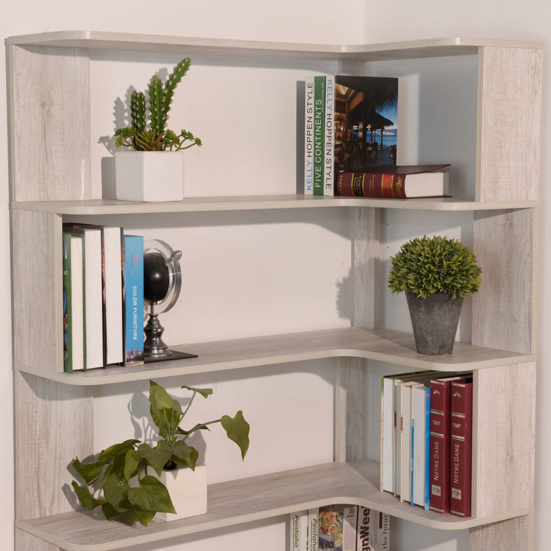 Freestanding Corner Bookshelf with Space-Saving Design and Secure Storage, Light Gray