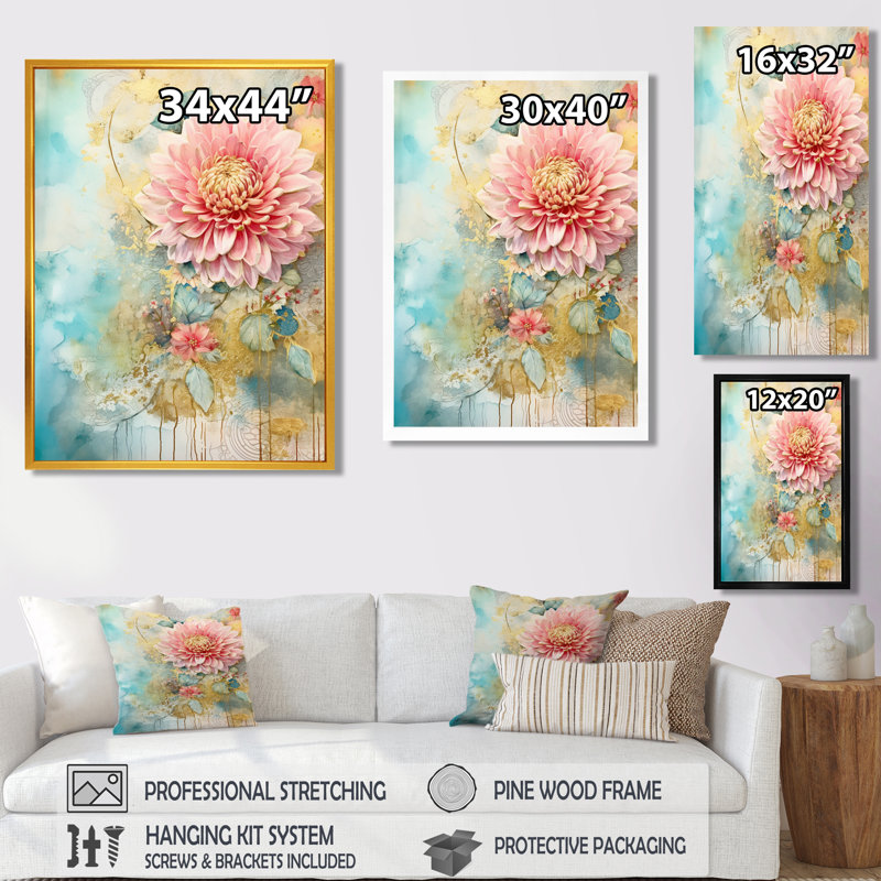Dahlia rose, rétro, bleu, illustration - impression d'art mural Dahlia, H 32 po x l 16 po x P 1 po