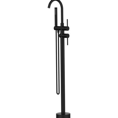 Robinet de baignoire noir mat - Fixé au sol avec bec pivotant et accessoire de douche à main