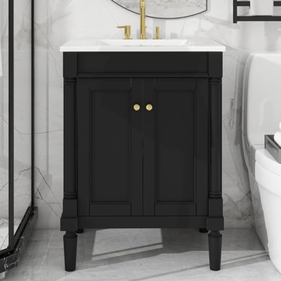 24" Bathroom Vanity With Ceramic Top Sink, 2-Tier Modern Ample Storage Cabinet, Soft-Closing Doors,  Durable MDF & Solid Wood Frame