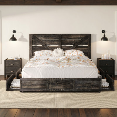 Base de lit grand avec 4 tiroirs Oceant Farmhouse, noir