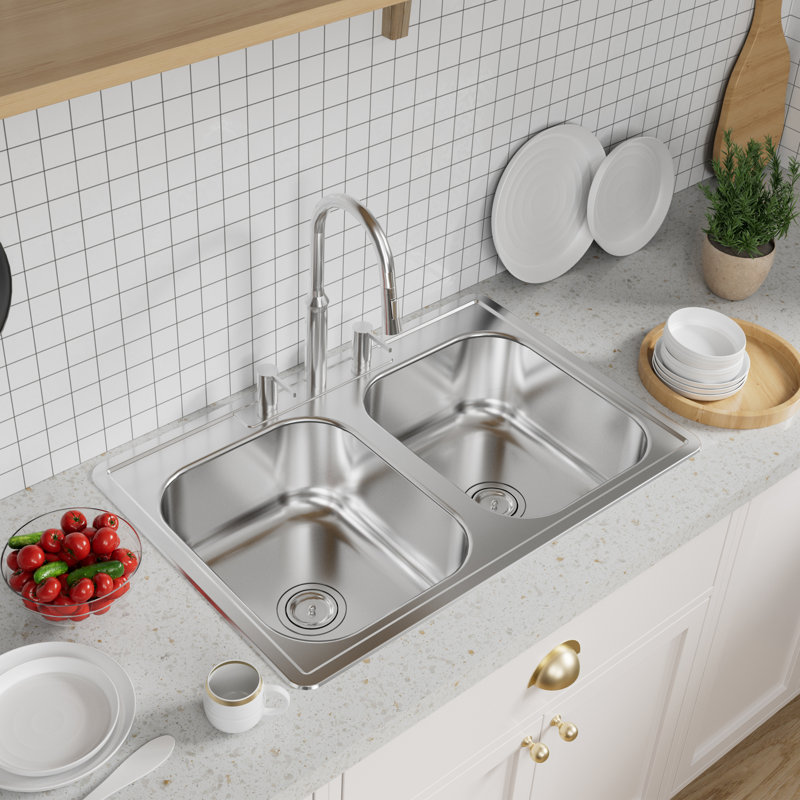 Stainless Steel 33" L x 22" W Drop In/Top Mount Kitchen Sink Double Bowl Stainless Steel Sink