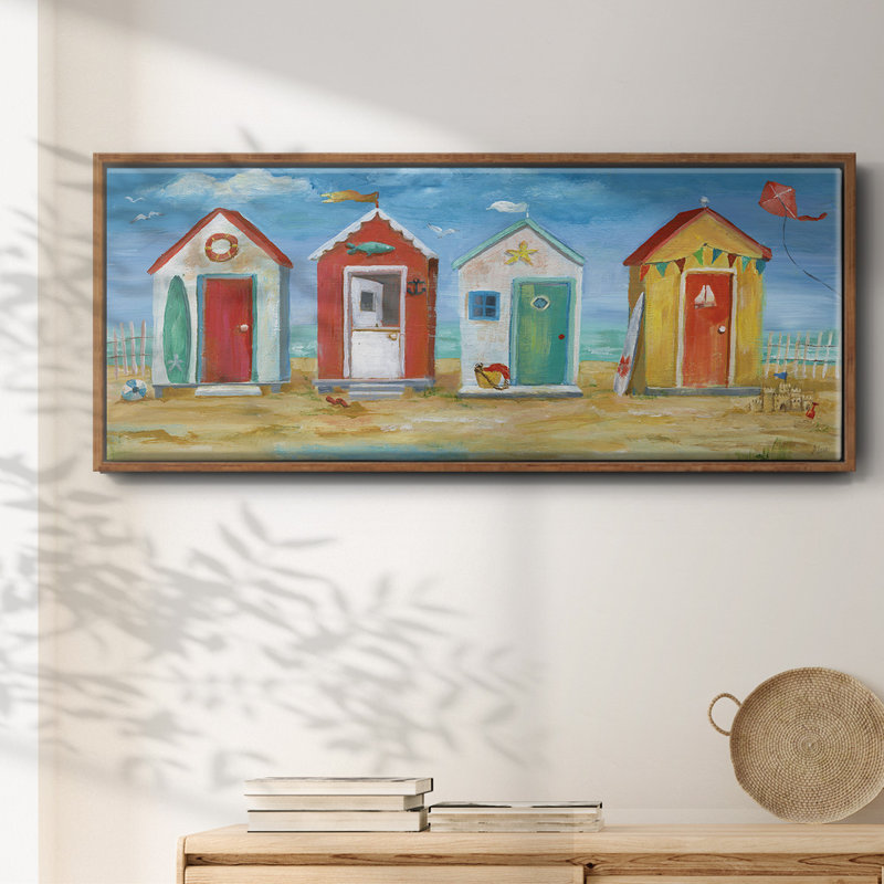 Bright Beach Huts- Framed Canvas, 20" H x 50" W
