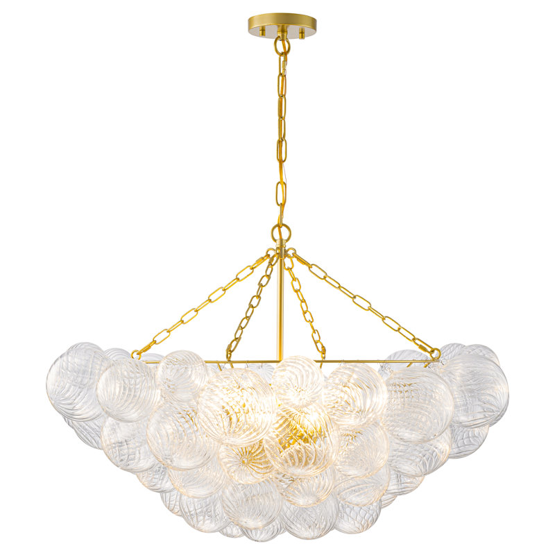 Gold Chandeliers With Ribbed Globe Glass, 6 Lights, 20.25" H x 29.25" W x 29.25" D