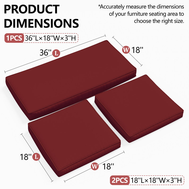 3-Piece Outdoor Seat Cushion Set, Red
