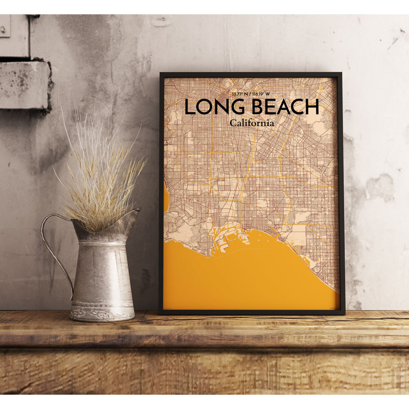 «Long Beach City Map», reproduction d'impression sur affiche en orange clair, H 17 po x l 11 po