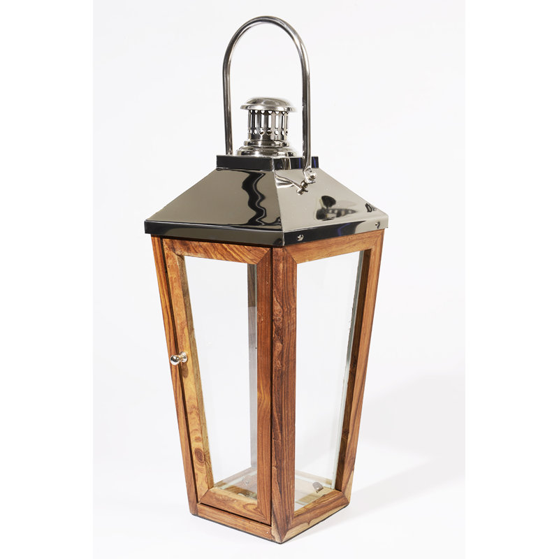 Lanterne sur pied surdimensionnée en acier inoxydable et bois de sheesham Beach Day, H 28,5 po x l 10,5 po x P 10,5 po