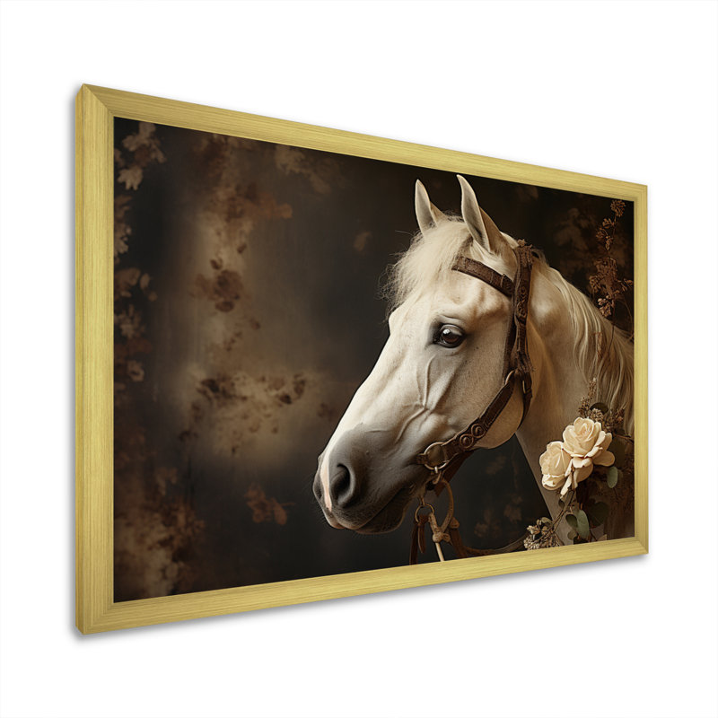 «White Beige Horse Majestic Duality» sur toile, H 24 po x l 32 po x P 1 po, Encadrement doré