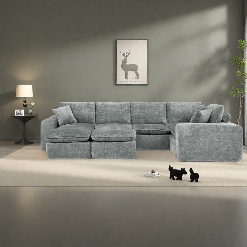 Canapé modulaire confortable en forme de L, gris, style moderne pour le salon