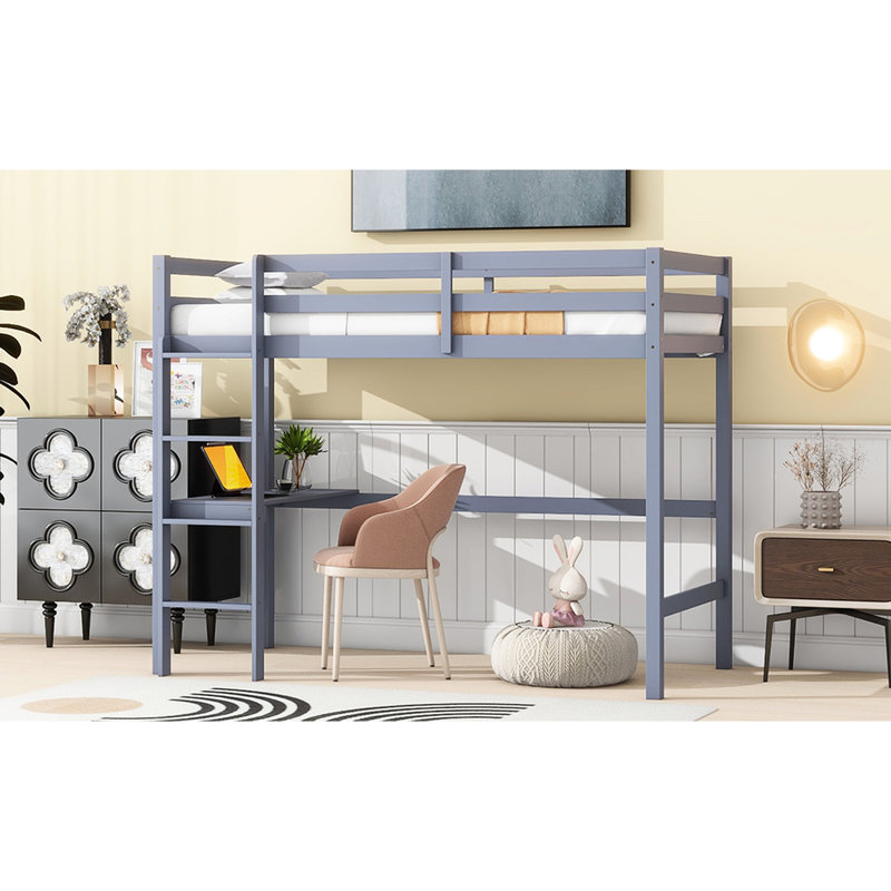 Lit mezzanine simple gris avec garde-corps et bureau intégré, fabriqué en bois d'hévéa pour une chambre à coucher de taille stable, fabriqué en gris