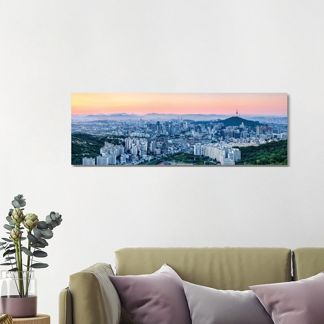 Seoul Skyline At Sunset With Namsan Mountain And N Seoul Tower by Jan Becke - Wrapped Canvas Panoramic Print