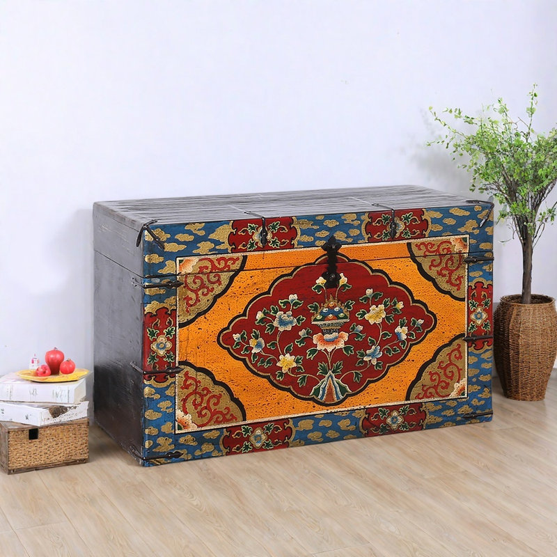 Large Retro Distressed Solid Wood Accent Trunk