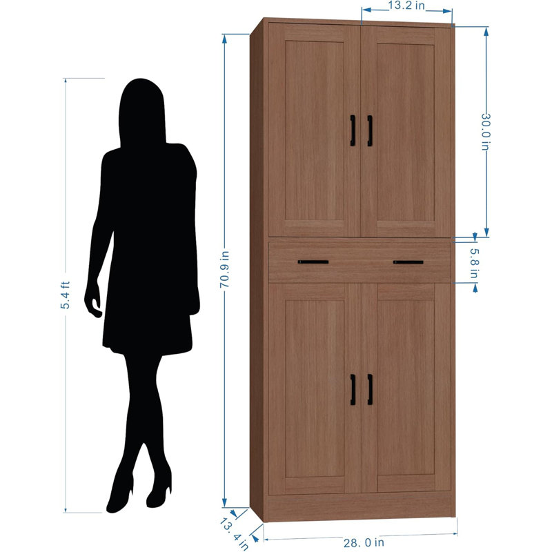 Brown Tall Freestanding Kitchen Pantry Cabinet with Doors and Drawer