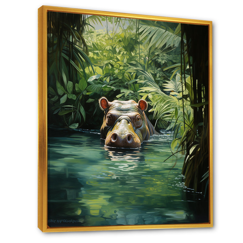 «Hippo Secret Hideaway 1 - Hippopotamus», art mural, Cadre flottant doré, H 32 po x l 16 po x P 1 po