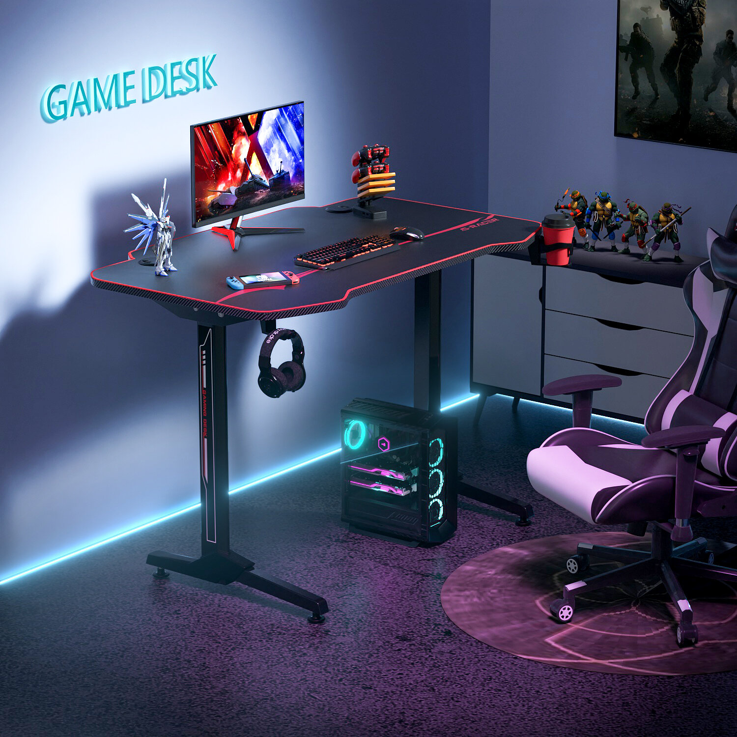  VITESSE Gaming Desk 63 Inch, Ergonomic Gamer Computer Desk with  Mouse Pad, PC Gaming Tables with Gaming Handle Rack, Cup Holder Headphone  Hook : Home & Kitchen