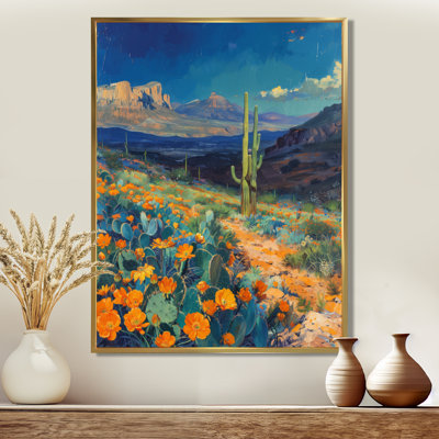 Orange, bleu, désert, cactus, paysage au Mexique II - plantes, art mural