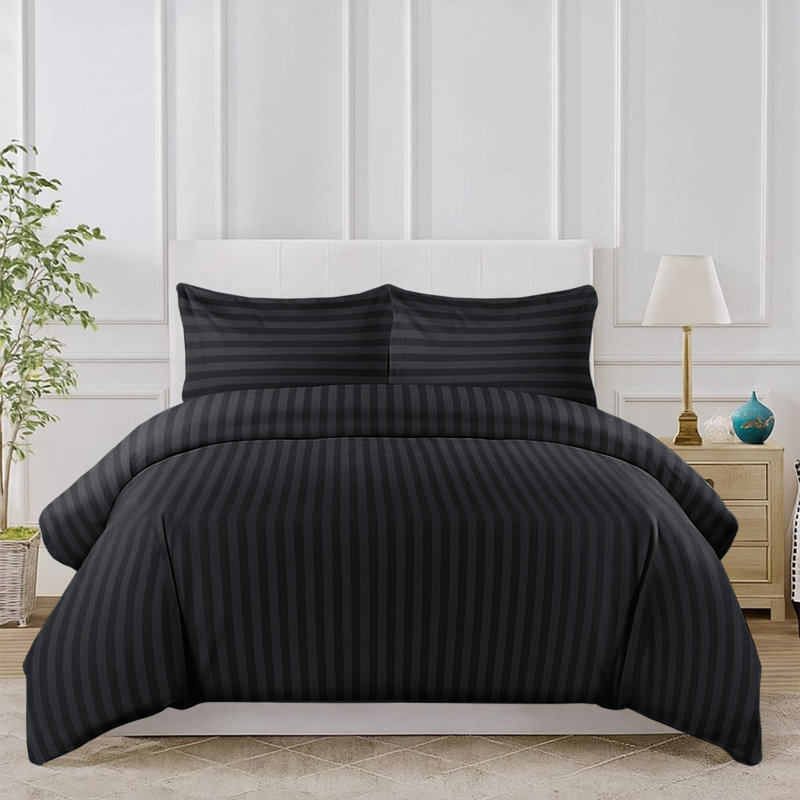 Luxurious 3-Piece Ultra Soft Stripe Duvet Cover Set with Pillowcases, Super King Duvet Cover Set + 2 Pillowcases, Black