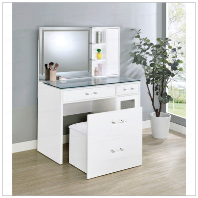 Kerr High Gloss 2-drawer Makeup Vanity Table with Mirror and Stool