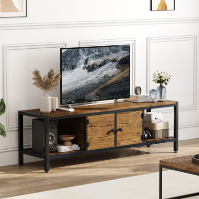 Meuble télé 65 po avec rangement pour téléviseurs de 75 po ou moins, centre de divertissement brun rustique avec armoires fermées et tablettes ouvertes