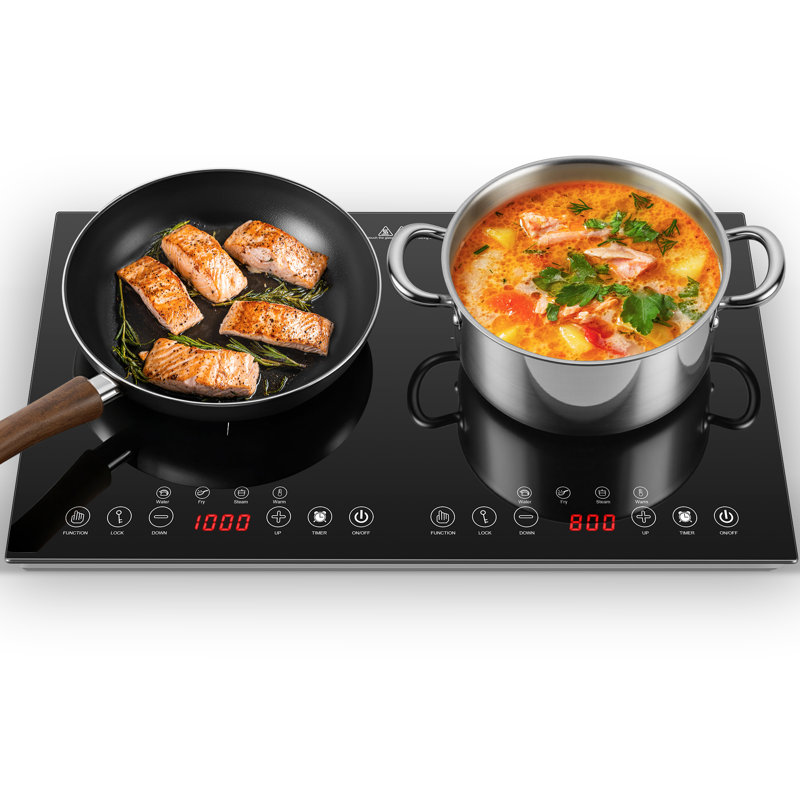 Plaque de cuisson à induction portative 1800 W à 2 brûleurs, cuisinière à induction double avec 8 réglages de puissance, 4 modes préréglés, conception ultramince, commande tactile avec capteur, verrou de sécurité pour enfant et minuterie