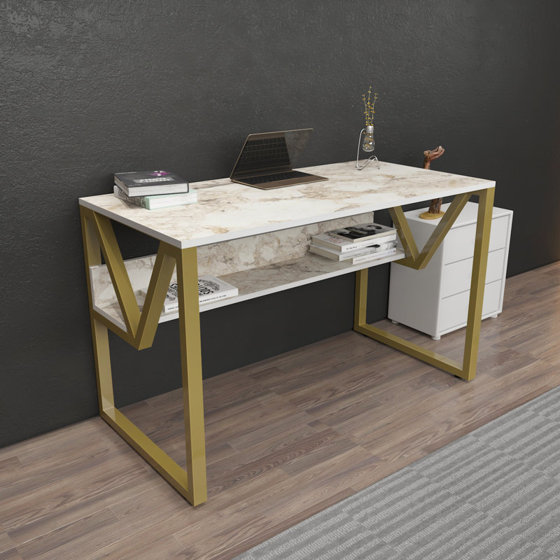 Kymiah 120Cm W Rectangular Computer Desk, Gold, White