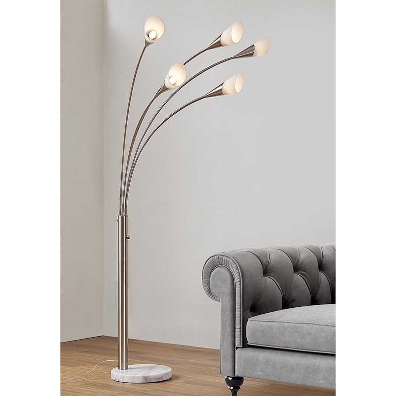 Lampe sur pied arquée à DEL 5 lumières h 85 po, gradateur avec ampoules DEL, Nickel brossé