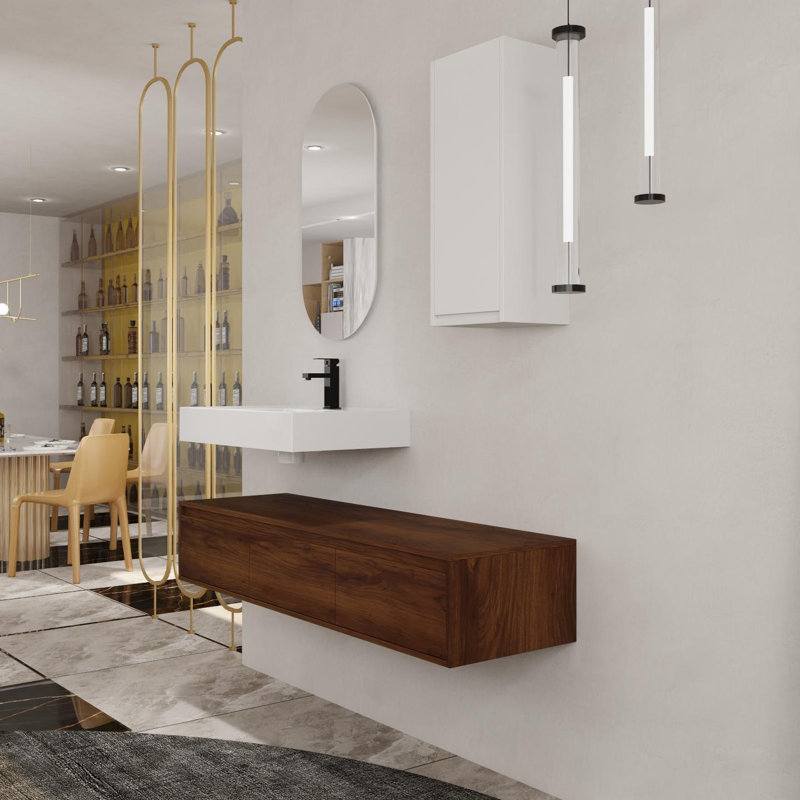 Meuble-lavabo mural 60 po avec lavabo en résine et armoire d'appoint 60 po, tiroir à fermeture en douceur, fixation à flotteur