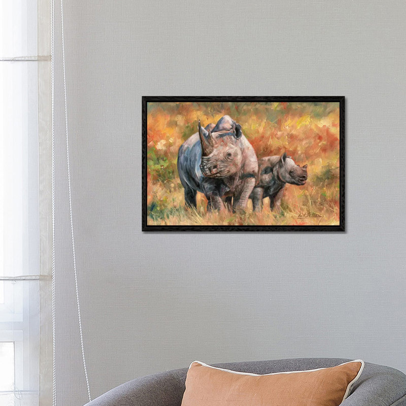 Rhino And Baby by David Stribbling - Gallery-Wrapped Canvas Giclée on Canvas, Black Framed, 66.04 cm H x 45.72 cm W