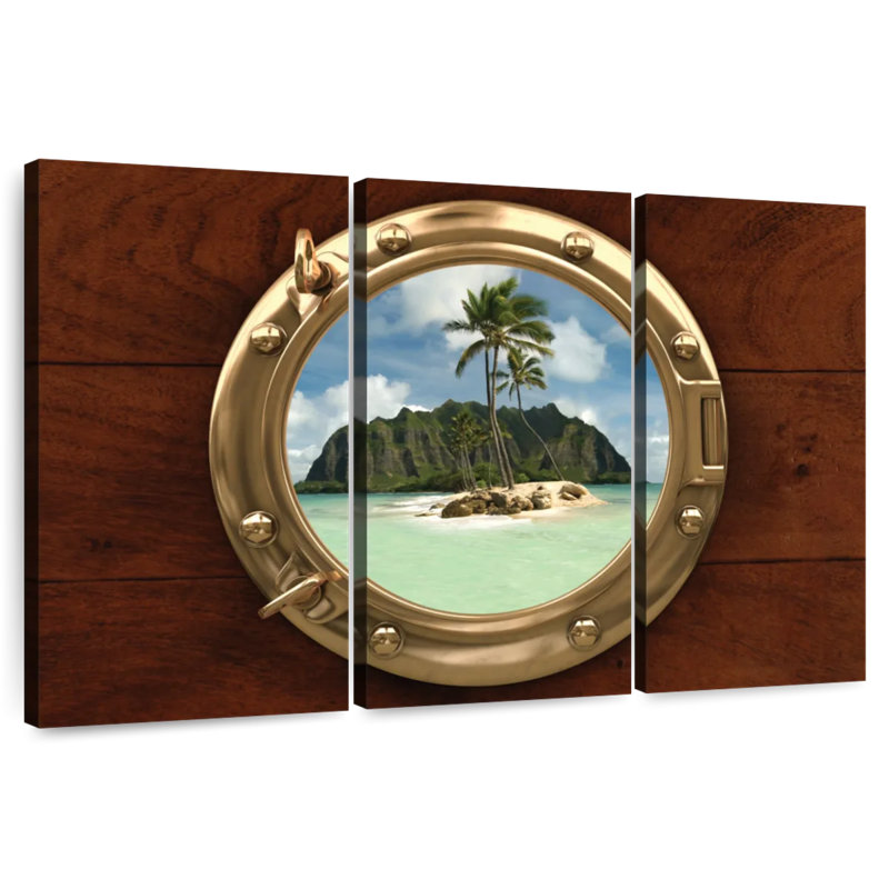 Sandy beach through porthole Aletra, H 32 po x l 50 po