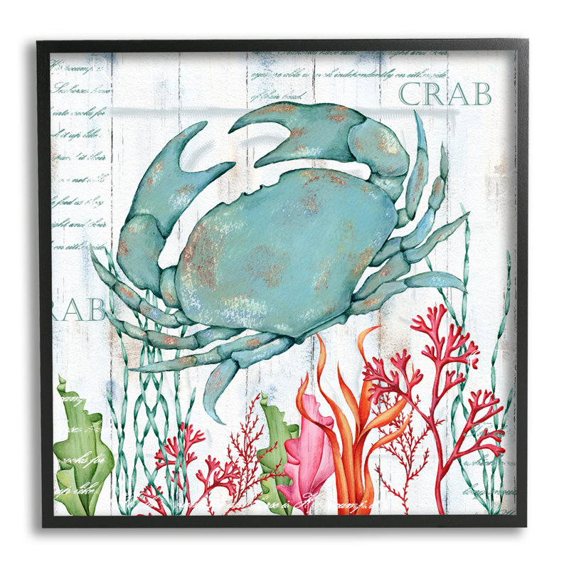 Crabe rustique et corail encadré sur bois par Emma Leach, impression, Giclée encadrée noir minuit