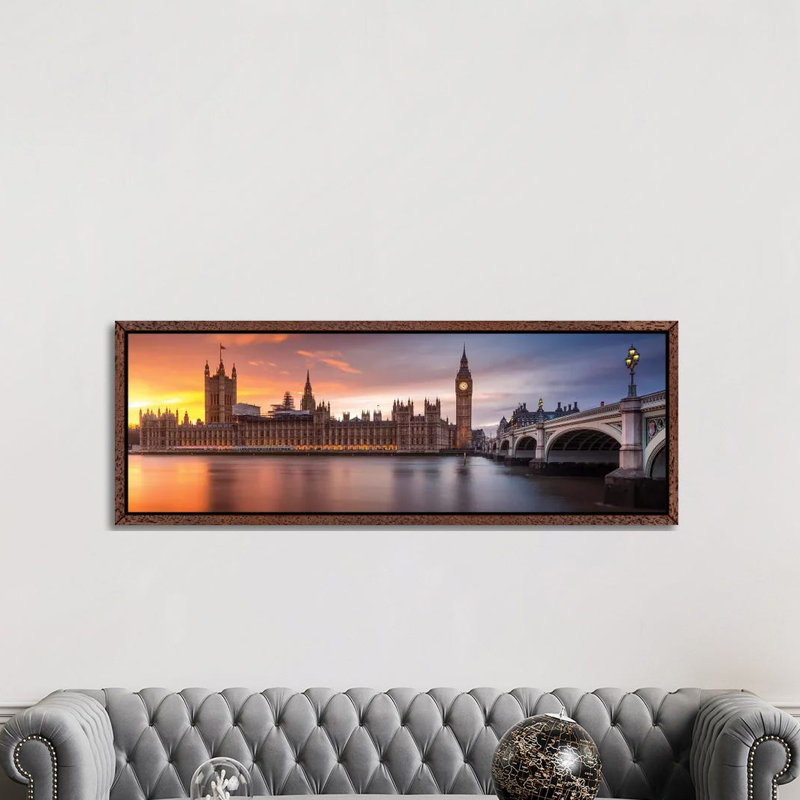London Palace Of Westminster Sunset - Panoramic Print on Canvas, 152.4 cm H x 50.8 cm W, Classic Brown Wood Framed
