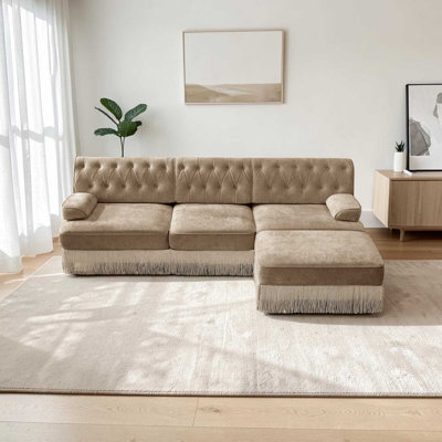 Wilroy 106"W Soft Velvet Modular 3-Seater sofa with 1 Ottoman, Button Tufted Design, Floor-grazing Tassel Fringe Skirt
