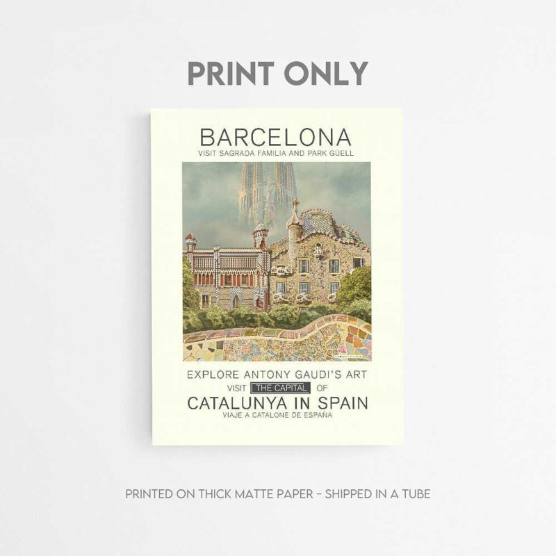 Affiche de voyage de Barcelone, reproduction d'art du parc Güell et de la Sagrada Familia, H 24 po x l 18 po, Brun