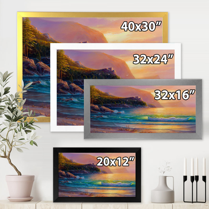 Plage romantique pendant un coucher de soleil chaud - Impression sur toile, H 30 po x l 40 po x 1,5 po